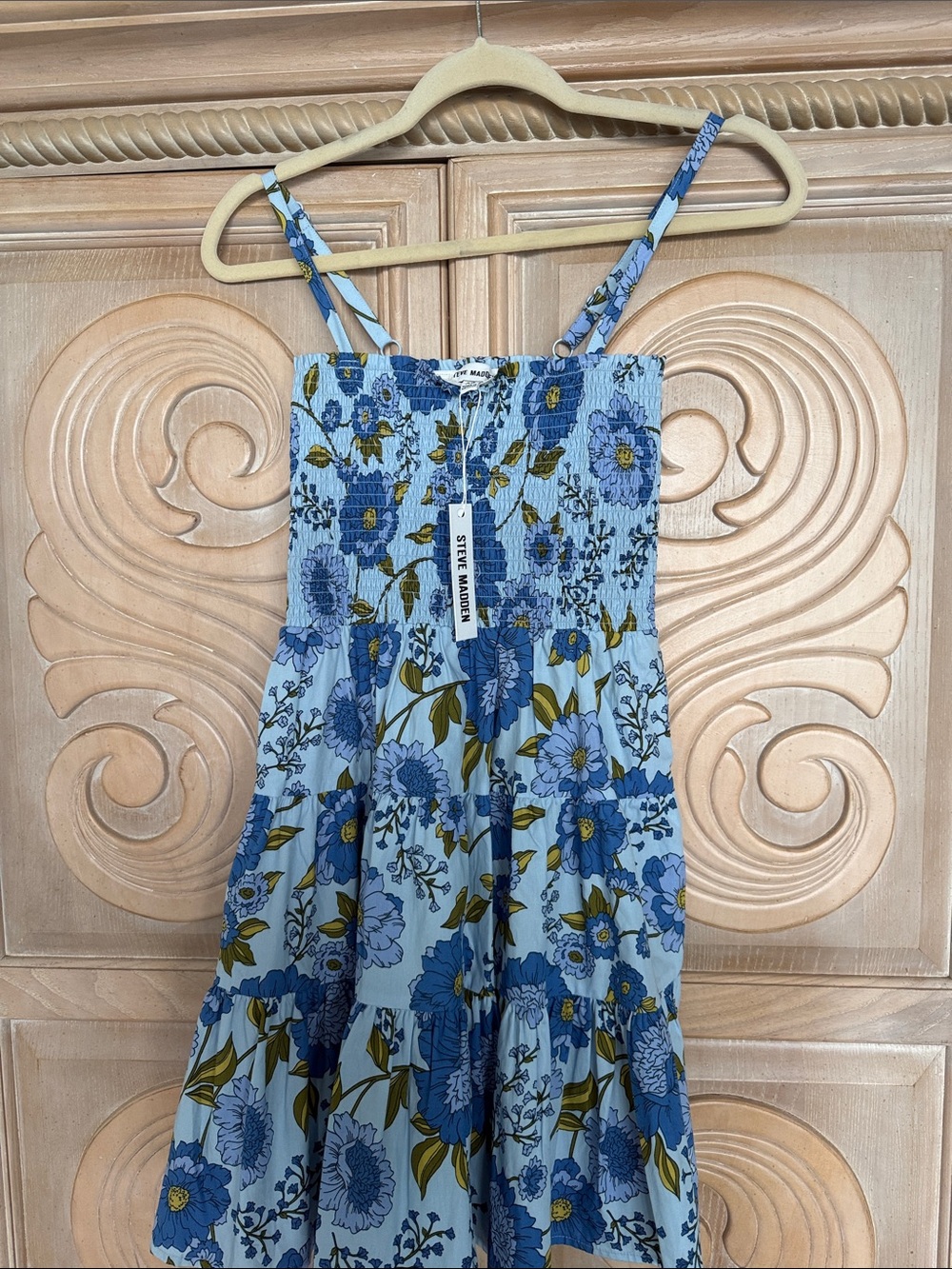 Steve Madden Blue Floral Smocked Tiered Swim Coverup